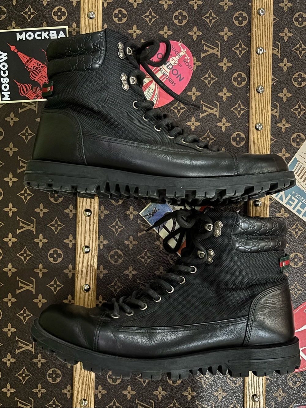 Gucci Men's Black Leather Lace-Up Ankle Combat Lug Sole Boots Round Toe